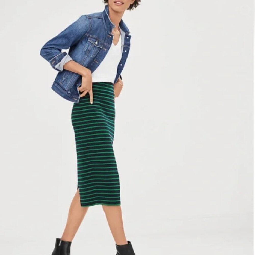 LOFT Green & Navy Striped Ottoman Midi Pull-On Pencil Skirt–Size M